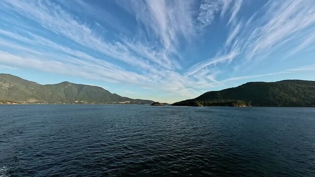 Howe Sound, Bowen Island the Coast Mountains of British Columbia viewed from a ferry or ship travel and tourism