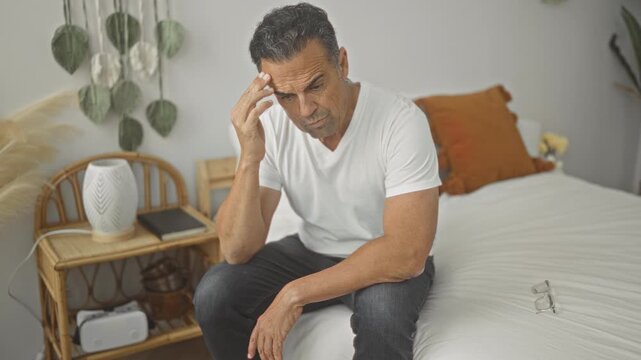 Man seated on bed with hand to mouth, glasses set on sheets, touching temple in a building bedroom; concern.