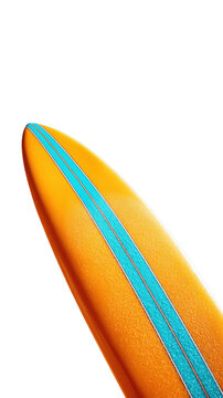 Orange surfboard nose with turquoise center stripe isolated on transparent background