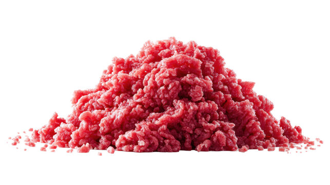 Pile of raw ground beef mince isolated on transparent background closeup texture detail