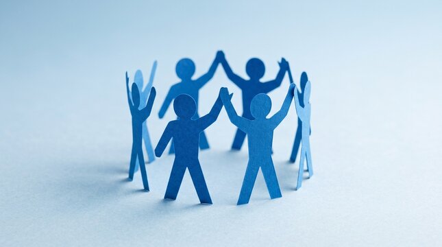 Group of paper chain people high-fiving in a circular arrangement against a seamless blue background.