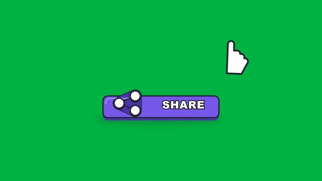 Cartoon share button animation featuring a physical click, three connected nodes launching outward through elastic connections, maximum distribution tension and seamless icon reassembly. Clean 4K loop