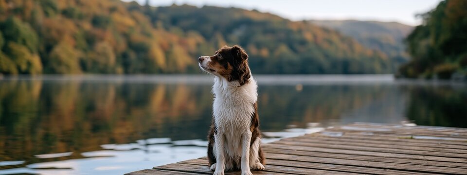 Calm dog sits on wooden dock