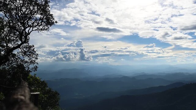 Panoramic Mountain Landscape Under Dramatic Blue Sky and Clouds