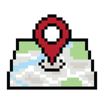 Pixel Art Map Location Pin Icon on Digital Map