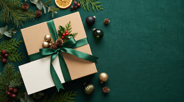 Christmas Gift Box with Green Ribbon and Natural Decorations on Dark Green Background