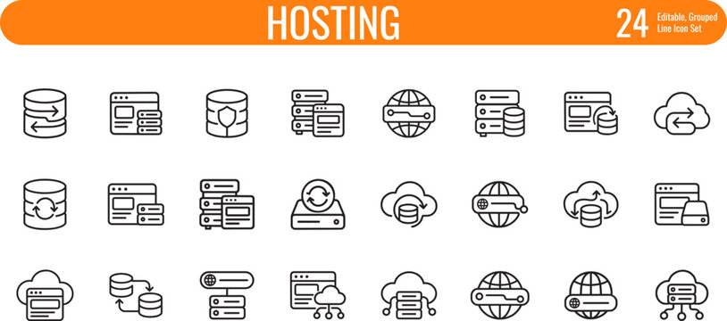 Hosting line icon set, 24 editable web server and cloud storage vector elements, database and network infrastructure symbols for technology interface ,grouped outline icon.