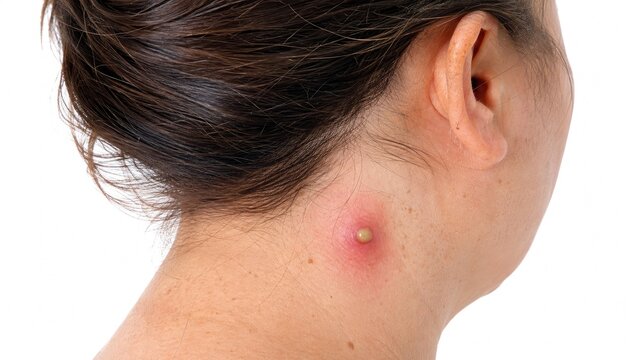 Close up photograph of infected skin abscess with pus filled bump and surrounding redness on woman's neck isolated on white background