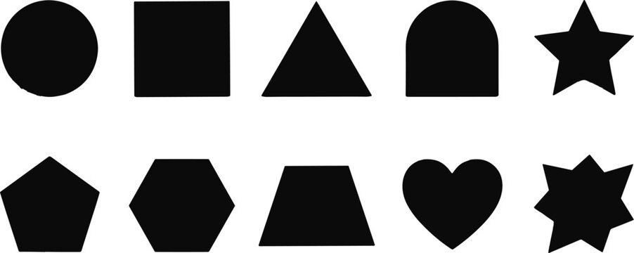  basic geometric shapes set circle square triangle star heart black silhouette vector graphic illustration isolated on white