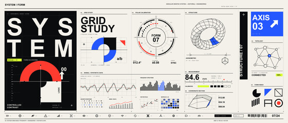 Fototapeta na wymiar Structured vector graphic system featuring geometric forms technical diagrams data charts and bold Swiss-style typography
