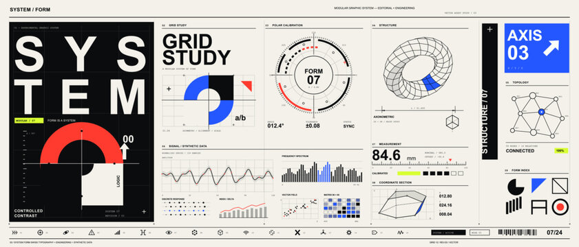 Structured vector graphic system featuring geometric forms technical diagrams data charts and bold Swiss-style typography