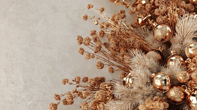 Golden ornaments rest atop dried flowers and fluffy textures