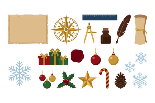 Vintage navigation mapmaker and Christmas holiday element collection with golden compass details.