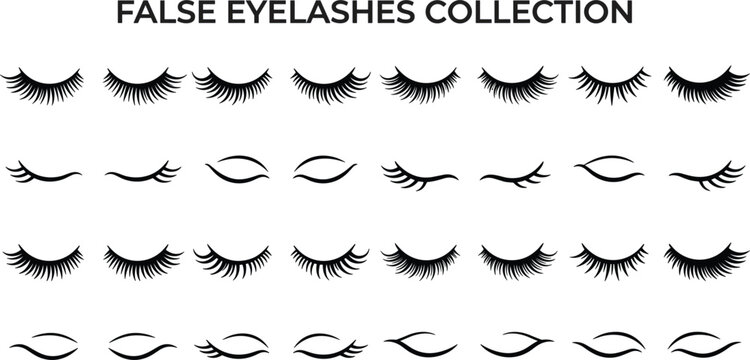  false eyelashes collection extension beauty makeup lash icons set black vector illustration