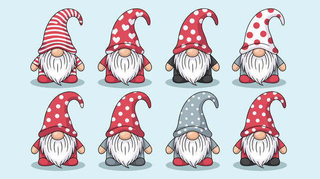Set of cute christmas gnomes with various hats, vector illustration of funny scandinavian dwarfs for holiday greeting cards and festive decorations