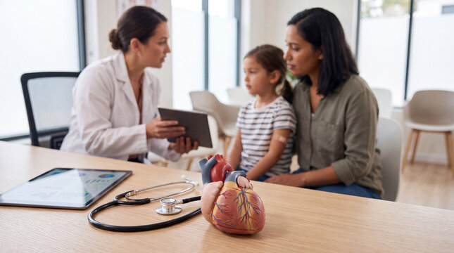 Pediatric Cardiologist Consulting Mother and Child With Heart Model