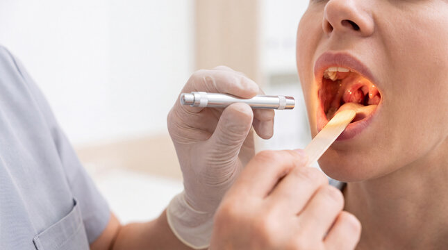 Doctor Examining Patient Inflamed Throat With Wooden Depressor