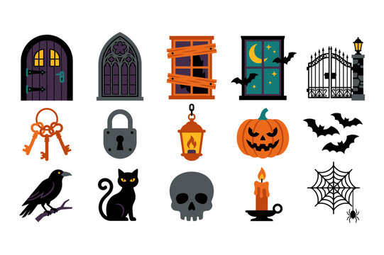 Gothic halloween architectural elements and spooky objects featuring dark purple doors and orange jack o lanterns.