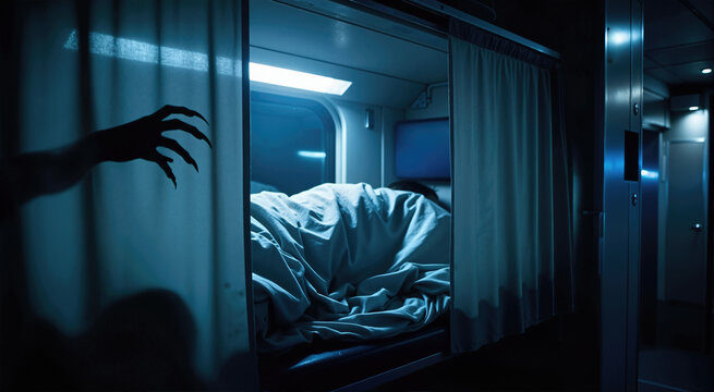 Creepy vampire hand with long sharp claws reaching behind curtain toward sleeping passenger in train compartment at night. Dark horror concept shot with eerie blue lighting and copy space