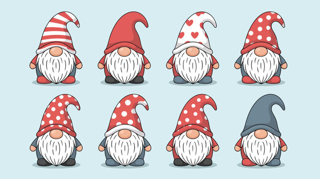 Set of cute christmas gnomes with various hats, vector illustration of funny garden dwarfs with white beards for holiday greeting cards and festive designs