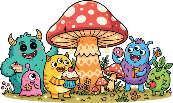Cute cartoon monsters having a party around a giant mushroom with sweets and drinks in a field