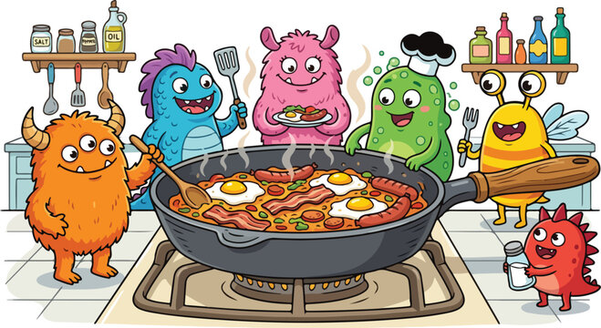 Cute colorful monsters cooking breakfast together in a bright kitchen