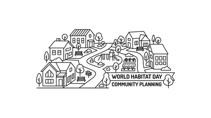 Fototapeta premium Suburban neighborhood community planning line art illustration with houses and playground