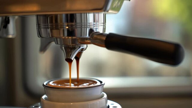 Close-up dual espresso streams pouring from chrome portafilter into stacked white ceramic cups with crema forming and droplets beneath metal spouts at cafe counter