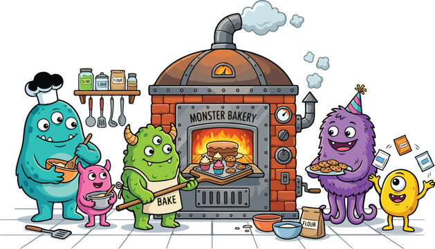 Cute colorful monsters baking cakes and cookies in a bakery kitchen