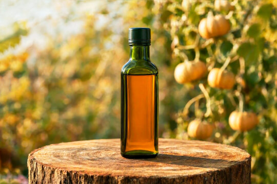 Pumpkin seed oil in a dark glass bottle against a background of fresh pumpkins. Healthy eating concept