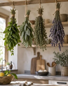 Hanging Culinary Herbs Drying in Rustic Kitchen Interior