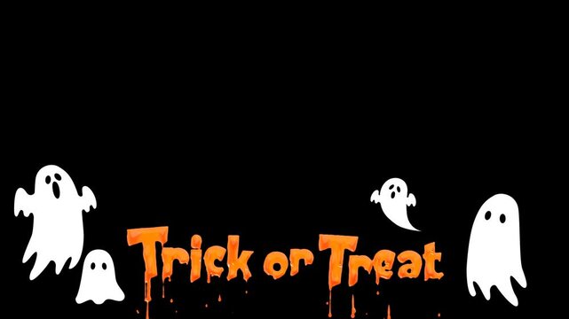 ループする,Trick or Treatと書かれたテキストアニメーション。流体。オレンジ色の液体が垂れる。かわいいフォント。おばけ。驚かす。サプライズ。血が滴っているような表現。アルファチャンネル付き。背景は透明。ハロウィンのイベントでお化けに仮装して言うアルファベットの台詞。