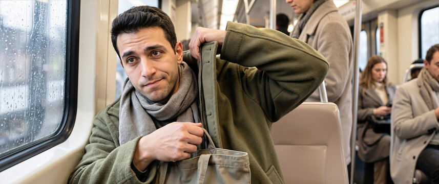 Male commuter adjusting olive green winter coat while sitting in passenger train by wet window. Public transit travel scene with passengers on rainy autumn day inside modern train car