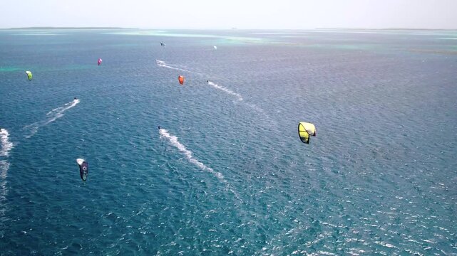 Aerial view of kiteboarders in Los Roques archipelago, Venezuela.