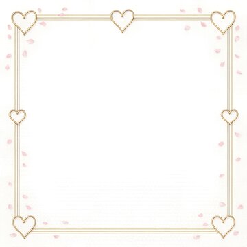 Square Delicate Valentine Border Frame Featuring Metallic Gold Wire Hearts And Floating Pink Petals