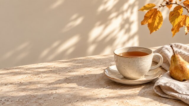 Autumn wellness image featuring tea, a pear, and autumn leaves, with space for text.