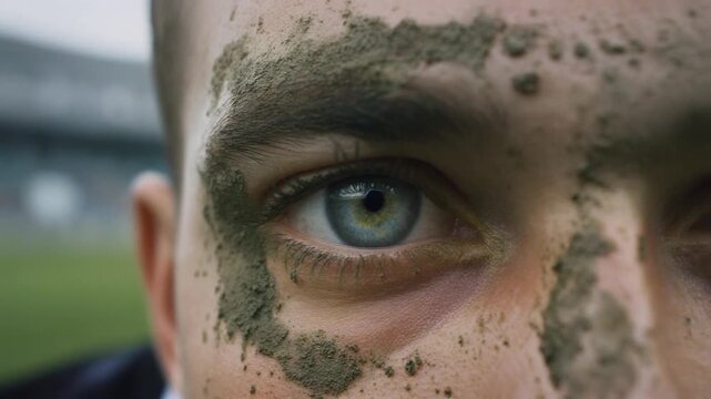 Extreme macro photorealistic footage of a male rugby player's eye during an intense competition, heavy mud mask