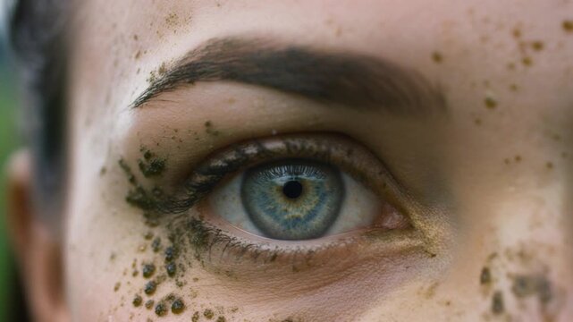 Firefly Extreme macro photorealistic footage of a rugby player's eye during a hard tackle, striking blue-grey