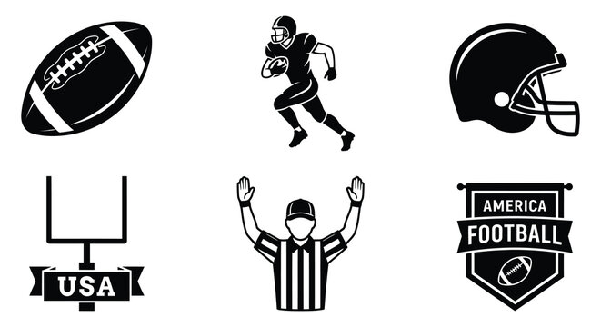 American football elements depicted as black vector silhouettes on a white background