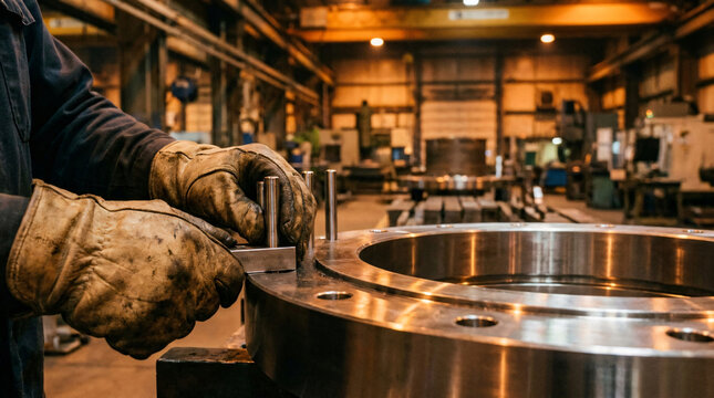 Industrial metal worker hands in safety gloves | Manufacturing large steel flange in factory | Precision engineering and metal fabrication process | Heavy duty manual labor in machine shop