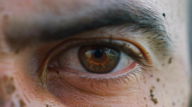 Firefly Extreme macro photorealistic footage of a determined rugby player's eye during physical competition