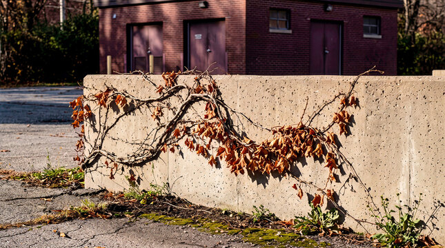 Dry brown vine with dead autumn leaves clinging to grey concrete barrier wall in bright sunlight. Red brick building background and cracked asphalt ground with green weeds in fall outdoor setting