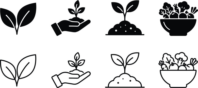  organic agriculture icons set plant leaves hand sprout soil vegetable bowl vector graphic illustration isolated on white