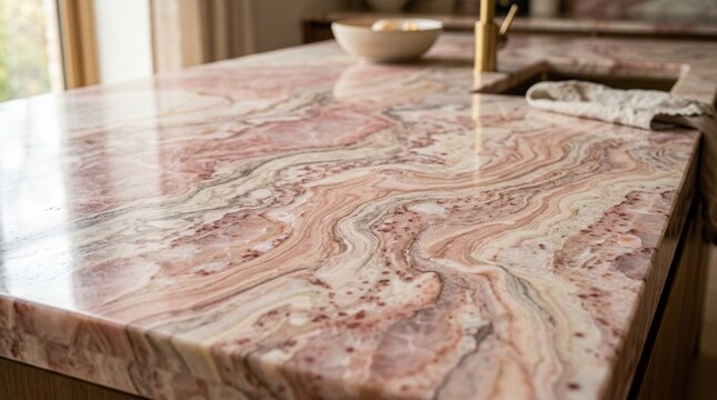 Natural Marble Countertop with Swirling Pink and White Veins, Kitchen Island Detail