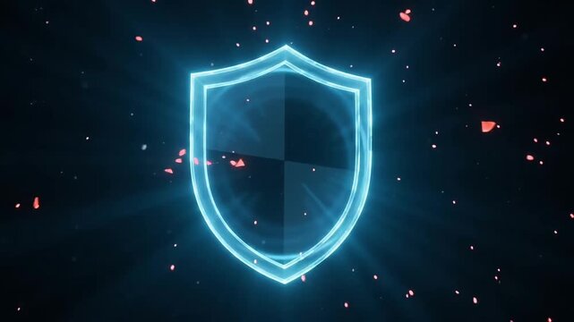 Digital shield deflecting red cyber attack shards in 3D animation