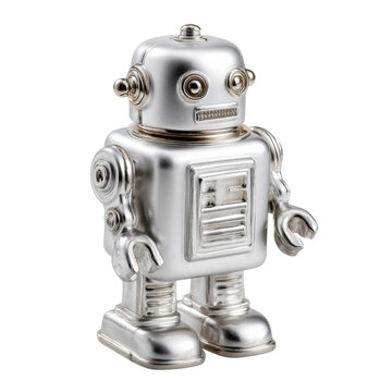 Retro silver tin toy robot figurine with claw hands and riveted body isolated