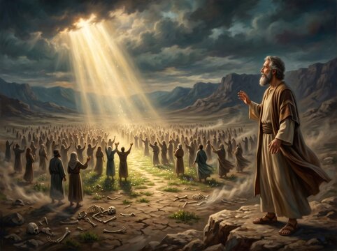 Ezekiel prophesying resurrection in the valley of dry bones