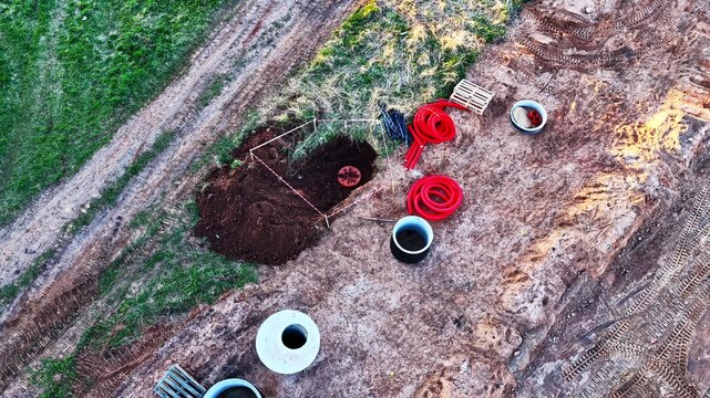 Aerial view of a construction site featuring red corrugated pipes, concrete pipes, and an excavated hole in the ground in Latvija.