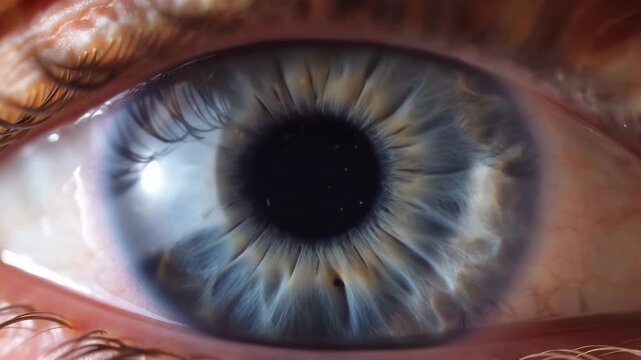 Extreme close-up of blue human eye as dark geometric polygon outlines expand and contract across centered pupil, revealing detailed iris fibers, eyelashes, and bright reflections