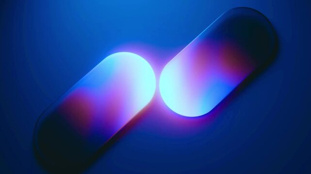 Two Glowing Pill Capsules Meeting In The Center Against A Dark Blue Background